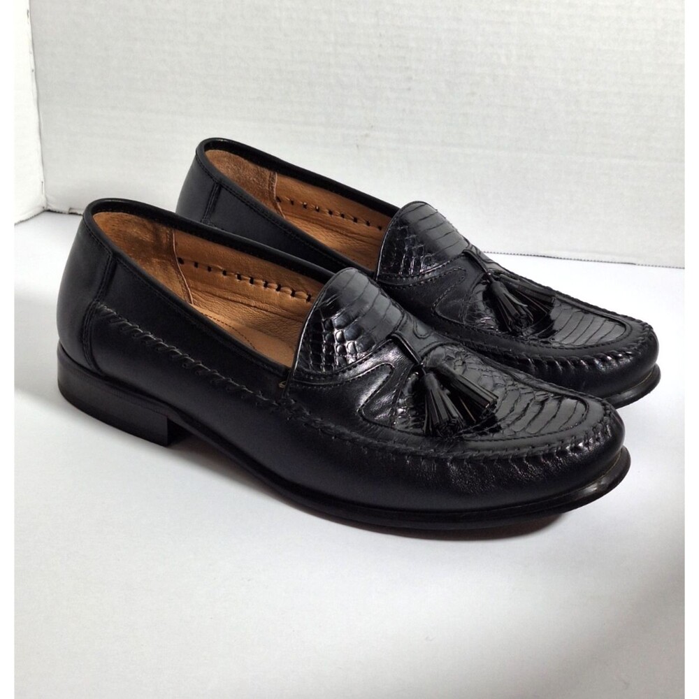 Domani Leather Tassel Croc Leather Loafers Men 10M Black Slip On Preppy Classic
